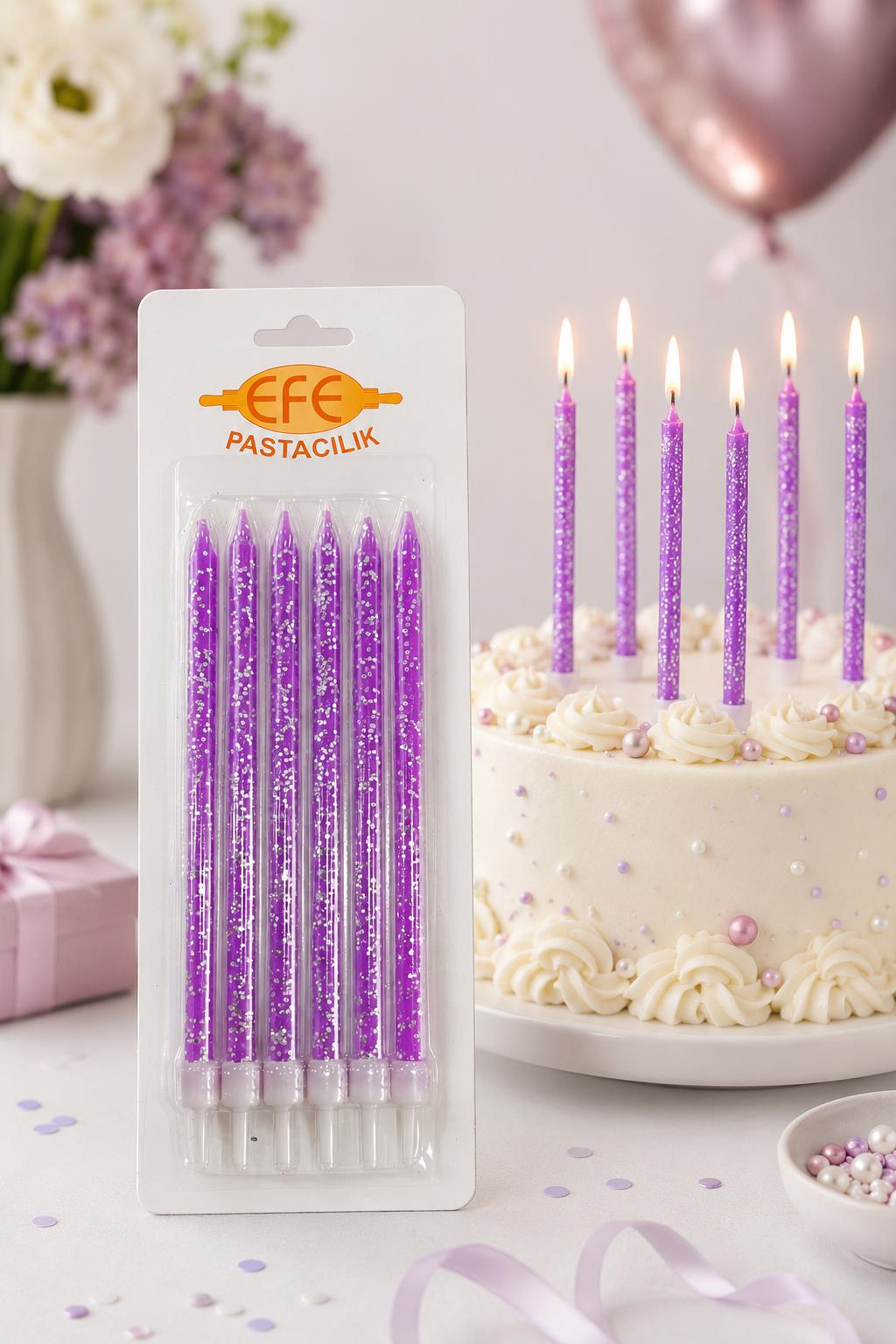 Mor Gümüş Simli Uzun Pasta Mumu 17 Cm