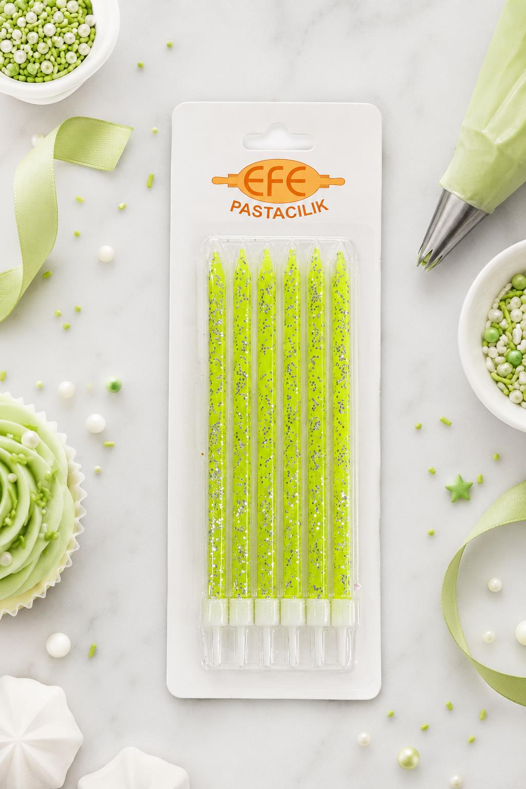 Neon Yeşil Gümüş Simli Uzun Pasta Mumu 17 Cm