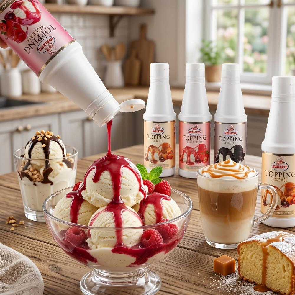 Ovalette Topping 4’lü Sos Seti Çilek, Karamel, Çikolata ve Frambuaz 1 Kg – Waffle, Pancake ve Tatlı Sunumları İçin Profesyonel Sos Seti