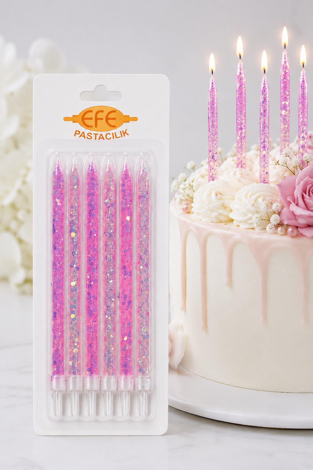 Pembe Beyaz Uzun Pul Simli Pasta Mumu 17 Cm