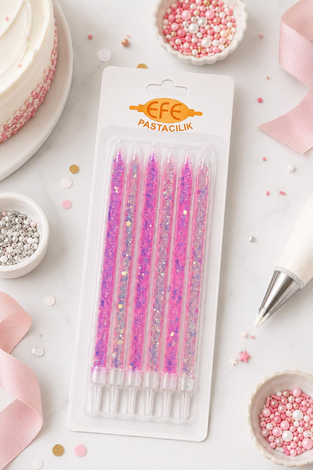 Pembe Beyaz Uzun Pul Simli Pasta Mumu 17 Cm