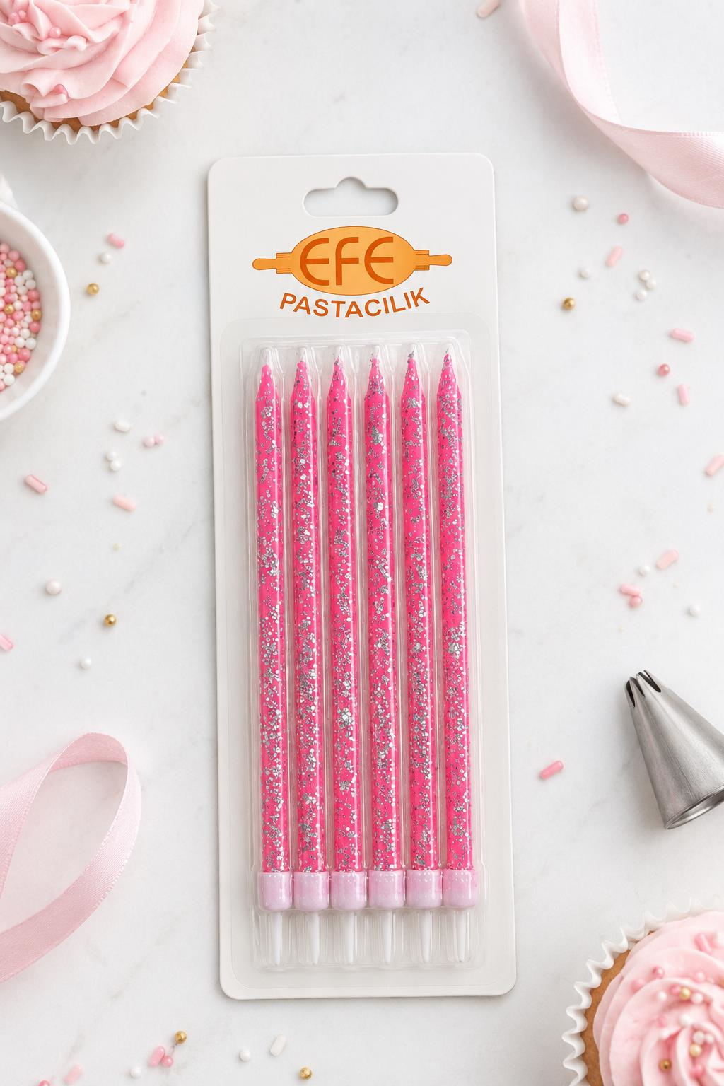Pembe Gümüş Simli Uzun Pasta Mumu 17 Cm