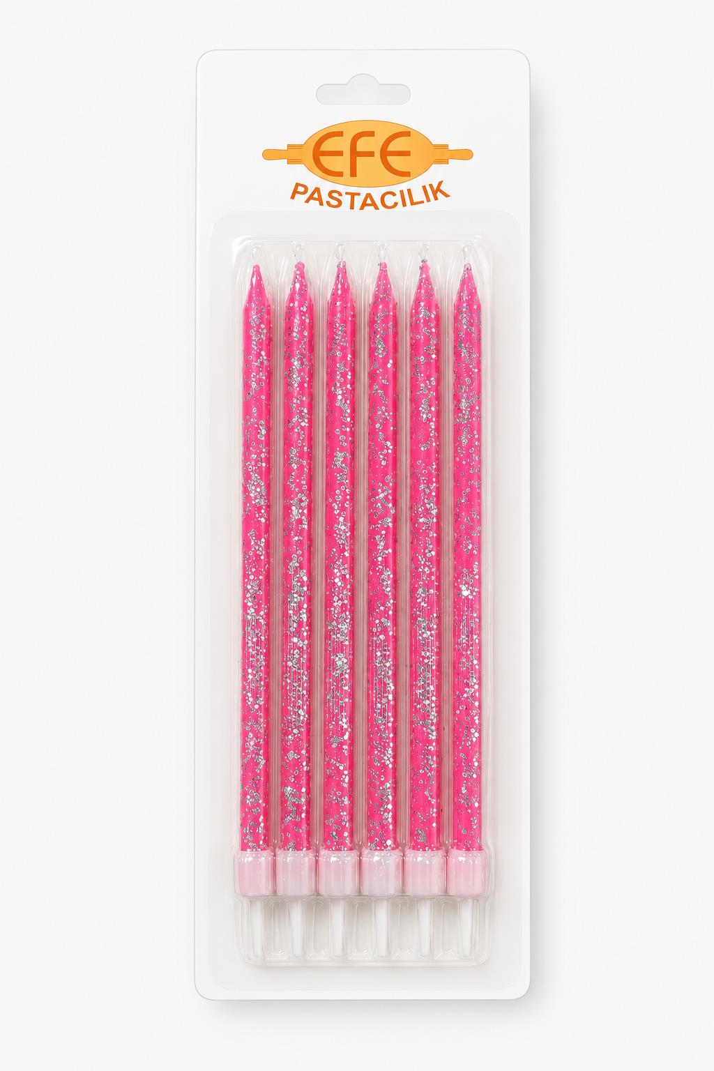 Pembe Gümüş Simli Uzun Pasta Mumu 17 Cm