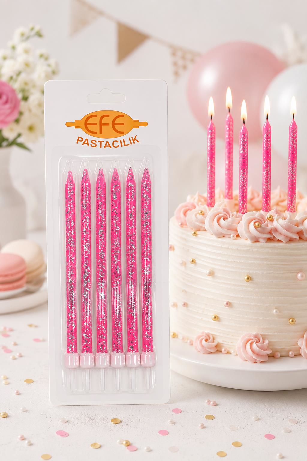 Pembe Gümüş Simli Uzun Pasta Mumu 17 Cm