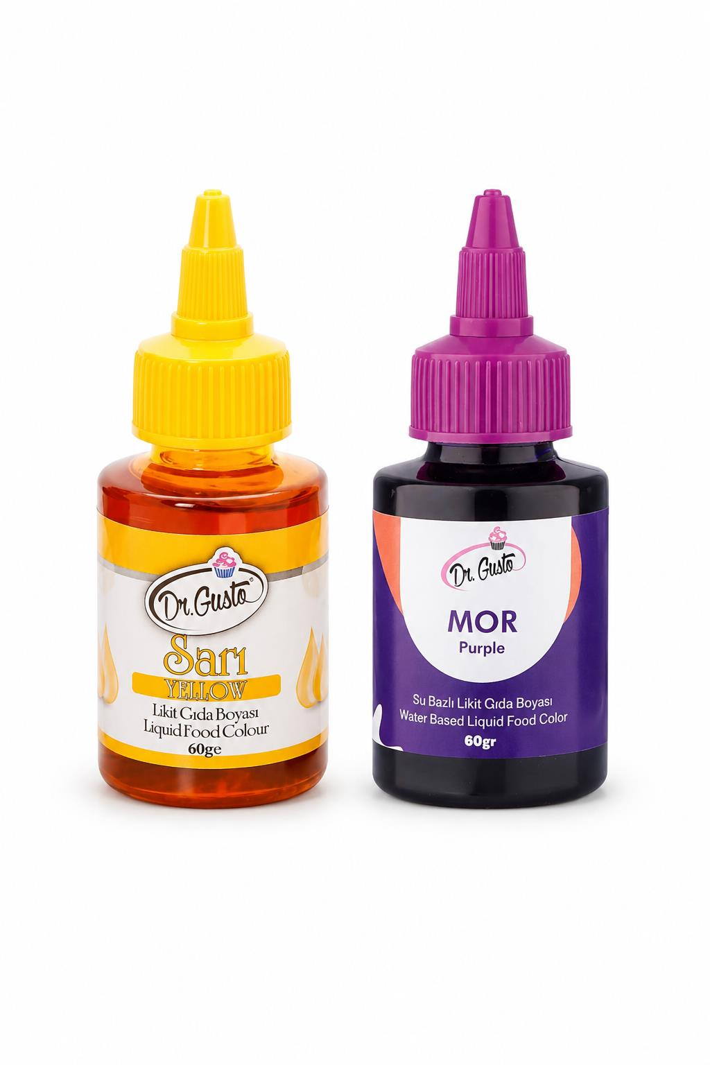 Dr. GustoSu Bazlı Likit Gıda Boyası (60gr renkler) Sarı+Mor 2'li Set