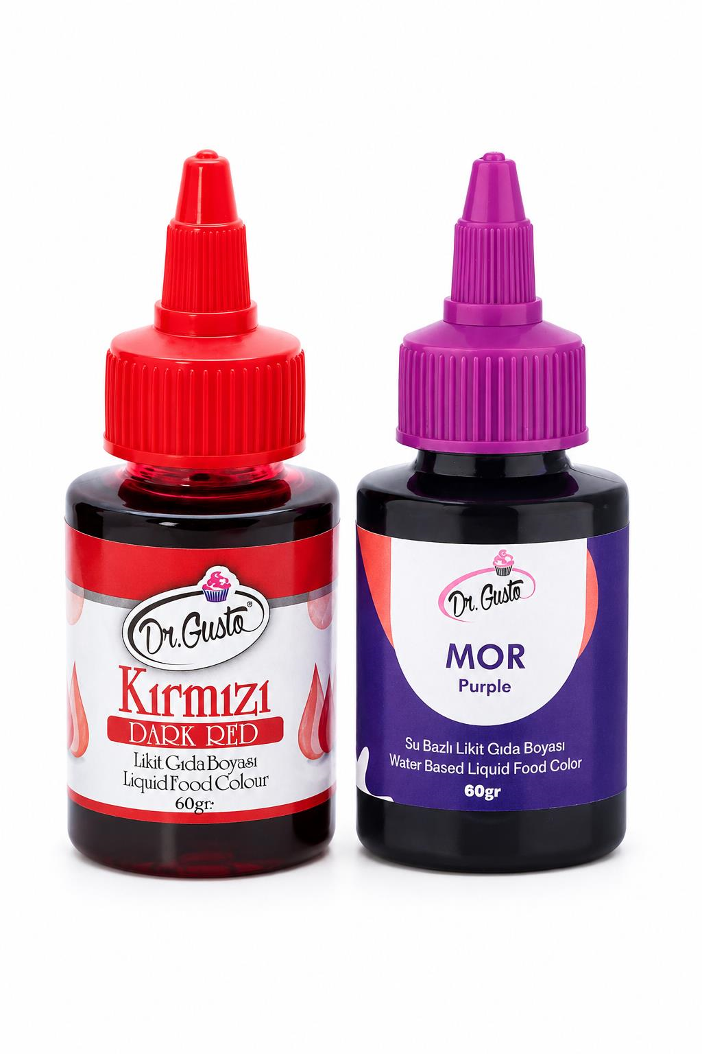Dr. GustoSu Bazlı Likit Gıda Boyası (60gr renkler) Kırmızı+Mor 2'li Set