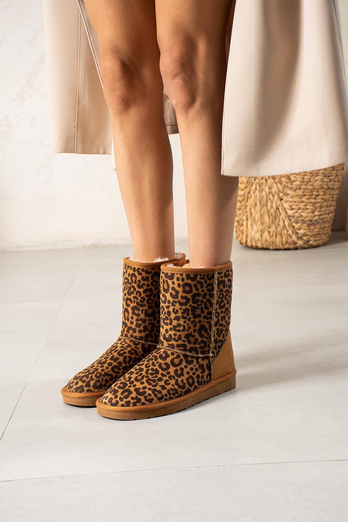 Orta Taba Leopar Desen Süet İçi Peluşlu Düz Taban Kadın Bot