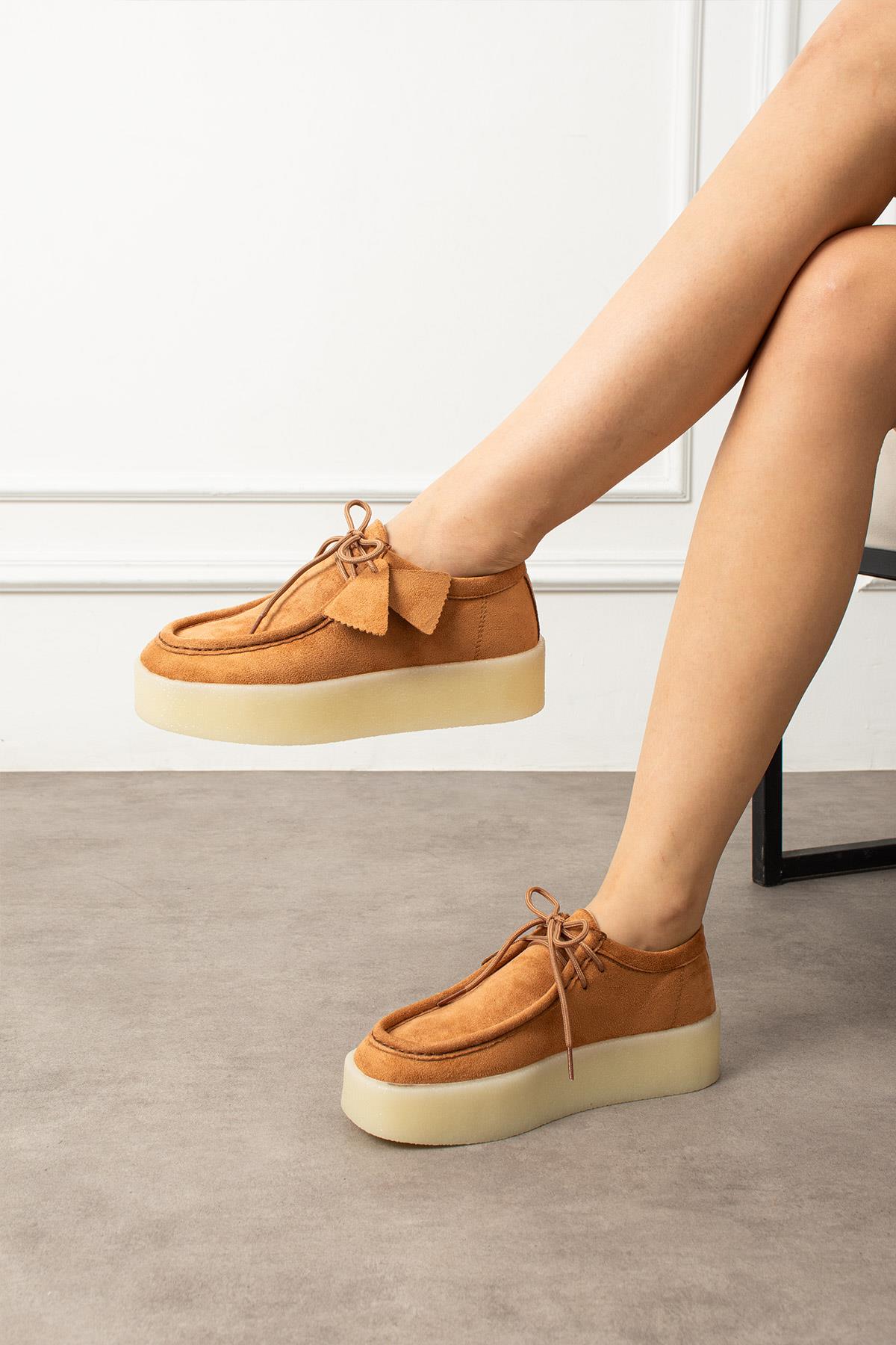 Taba Süet Bağcıklı Kalın Taban Kadın Loafer Ayakkabı
