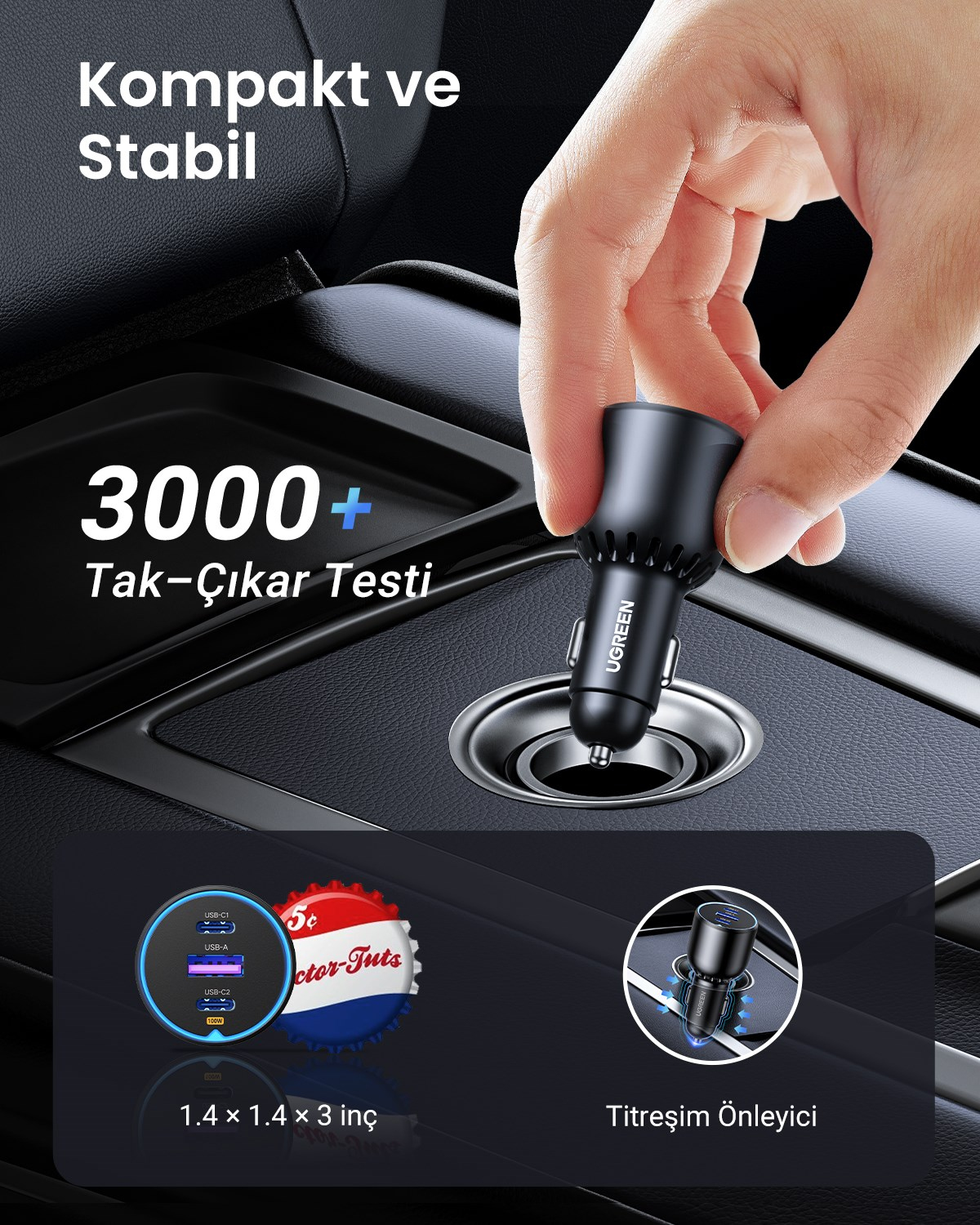 UGREEN 130W QC PD Hızlı Araç İçi Şarj Cihazı Çakmaklık Adaptörü 2xUSB-C, 1xUSB-A, Siyah, 90413