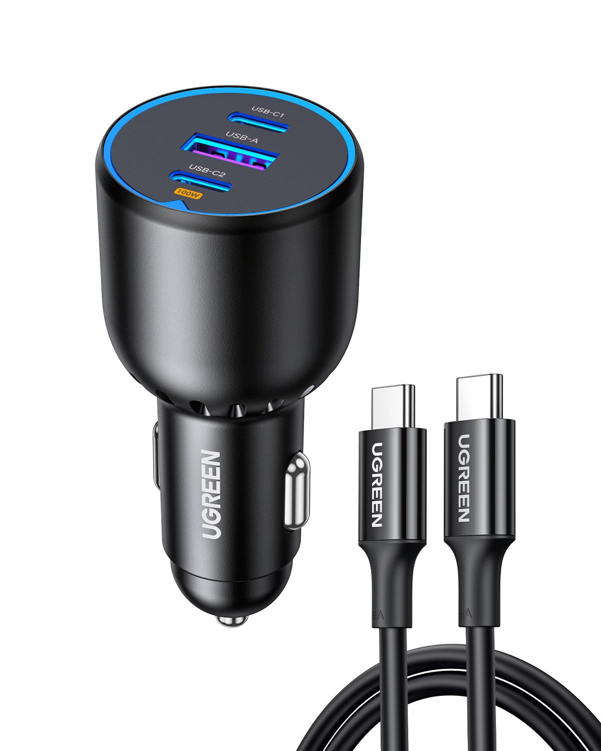 UGREEN 130W QC PD Hızlı Araç İçi Şarj Cihazı Çakmaklık Adaptörü 2xUSB-C, 1xUSB-A, Siyah, 90413
