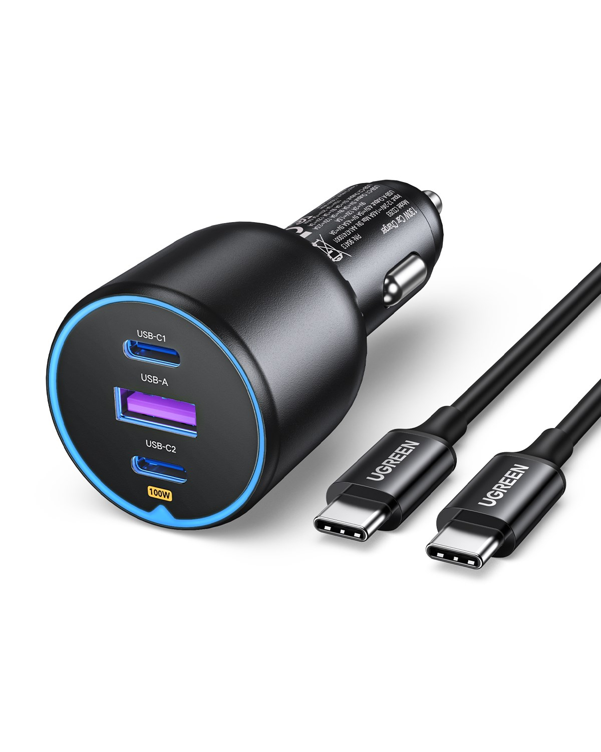 UGREEN 130W QC PD Hızlı Araç İçi Şarj Cihazı Çakmaklık Adaptörü 2xUSB-C, 1xUSB-A, Siyah, 90413