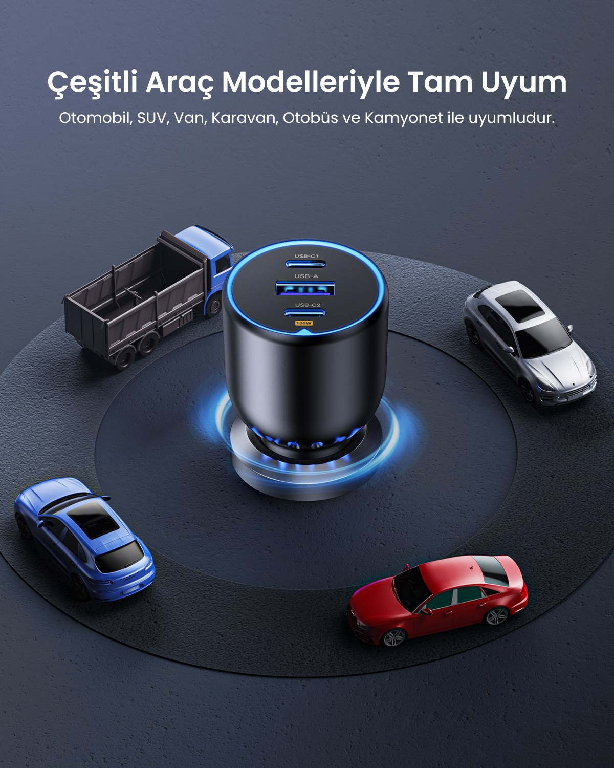 UGREEN 130W QC PD Hızlı Araç İçi Şarj Cihazı Çakmaklık Adaptörü 2xUSB-C, 1xUSB-A, Siyah, 90413