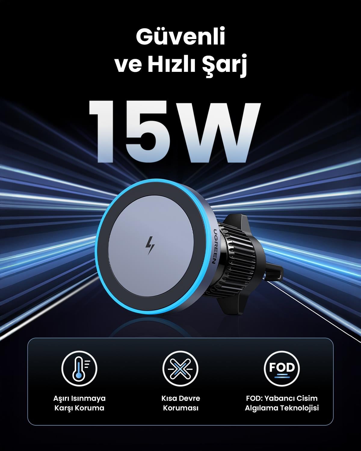 UGREEN 15W Magsafe Kablosuz Araç İçi Şarj Cihazı