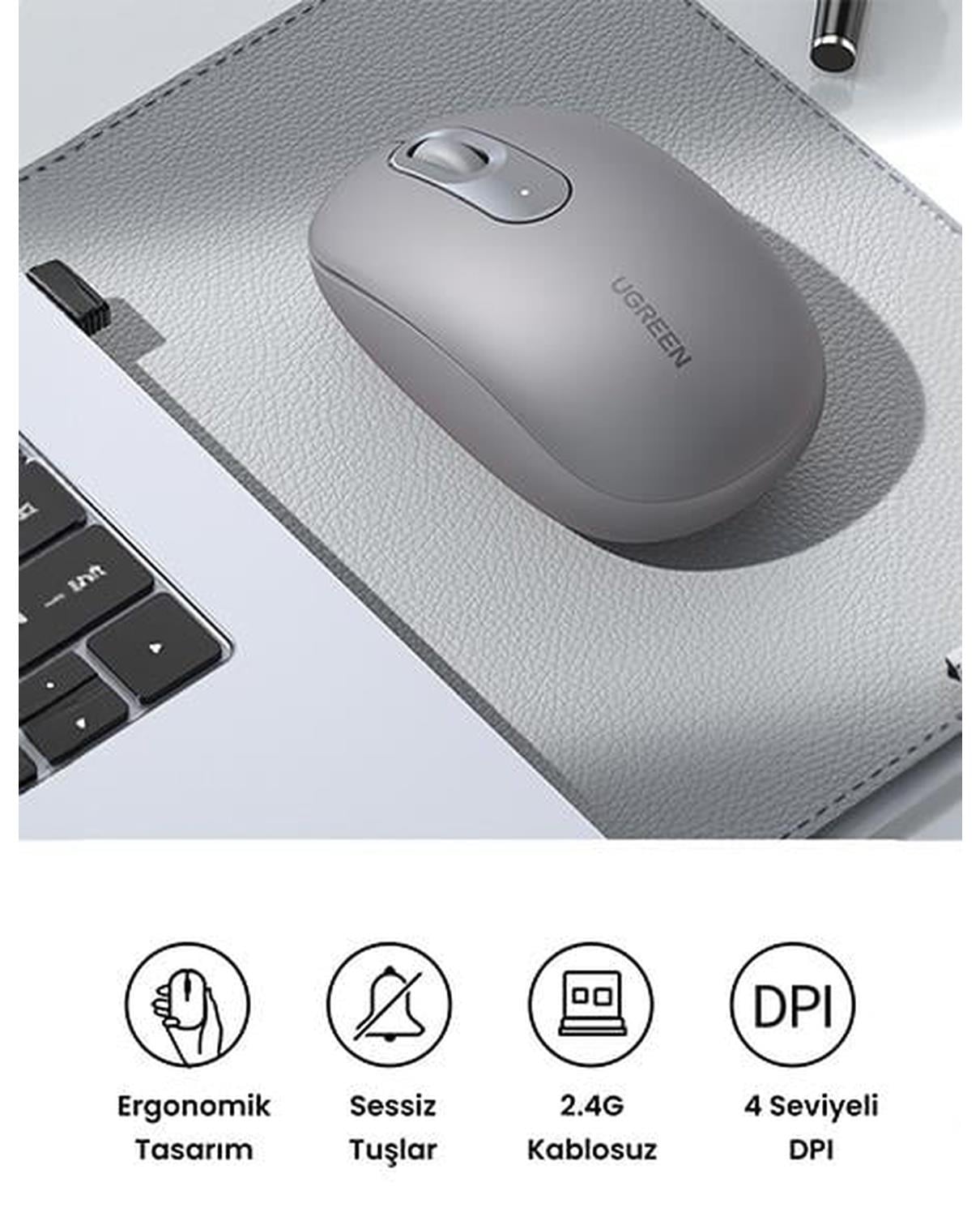 UGREEN 2400DPI 2.4Ghz Wireless Kablosuz Sessiz Mouse Gri, 90669
