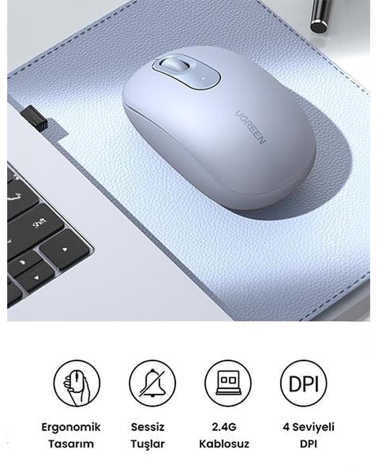 UGREEN 2400DPI 2.4Ghz Wireless Kablosuz Sessiz Mouse Mavi, 90671