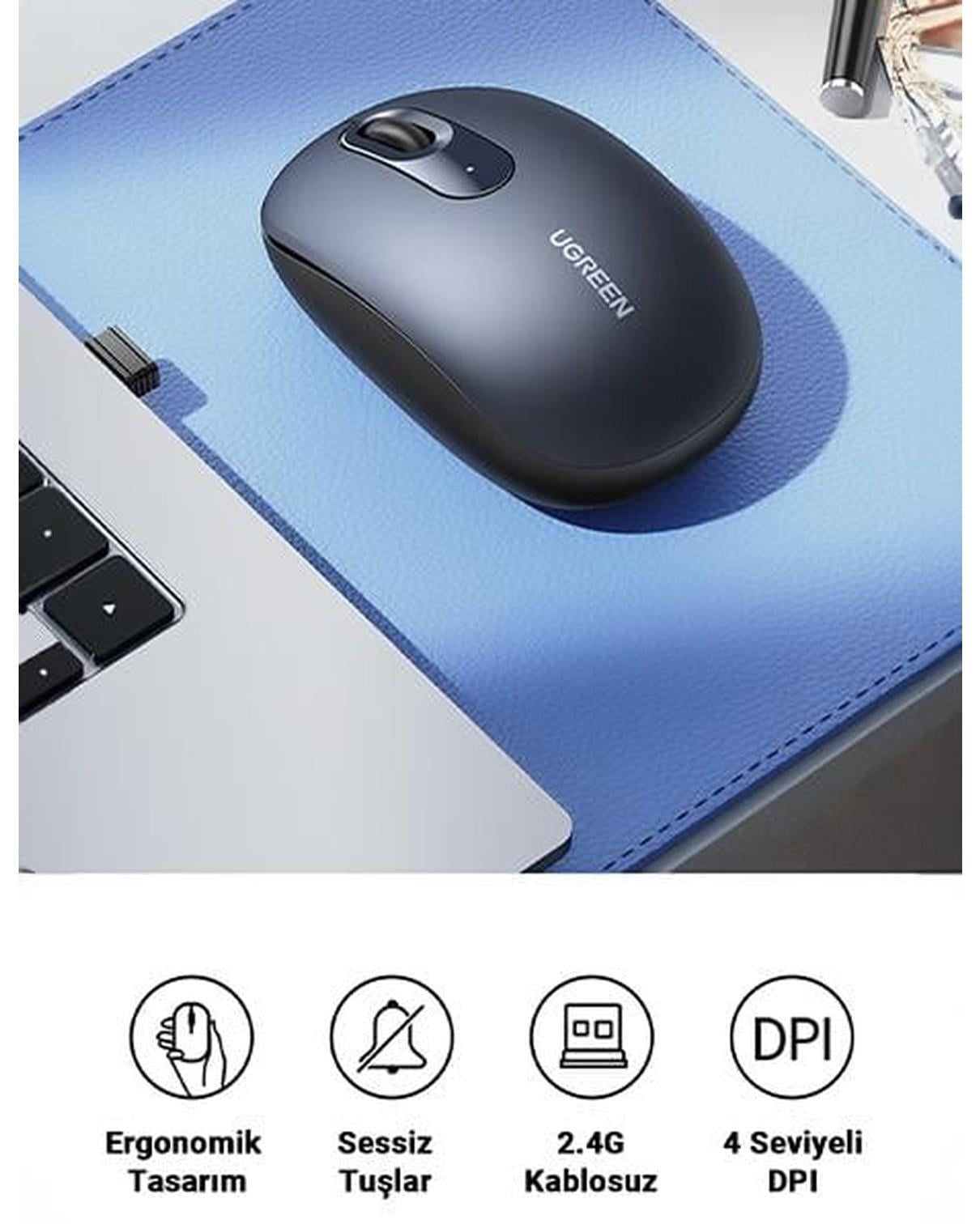 UGREEN 2400DPI 2.4Ghz Wireless Kablosuz Sessiz Mouse Gece Mavisi, 90550