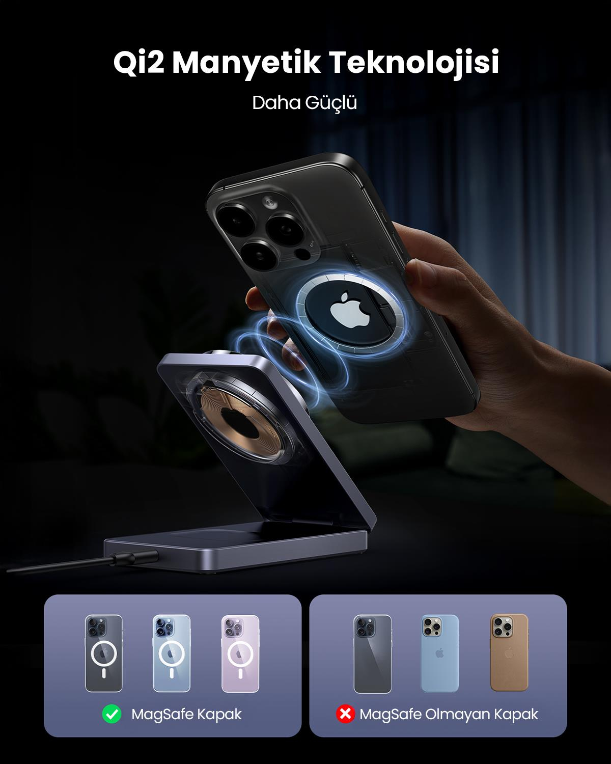 UGREEN 2si 1 Arada 30W Magnetik Wireless Kablosuz