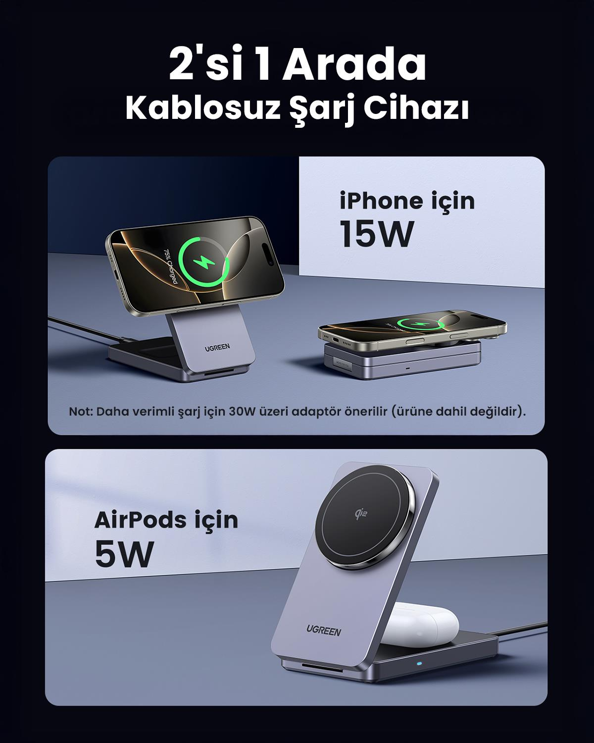 UGREEN 2si 1 Arada 30W Magnetik Wireless Kablosuz