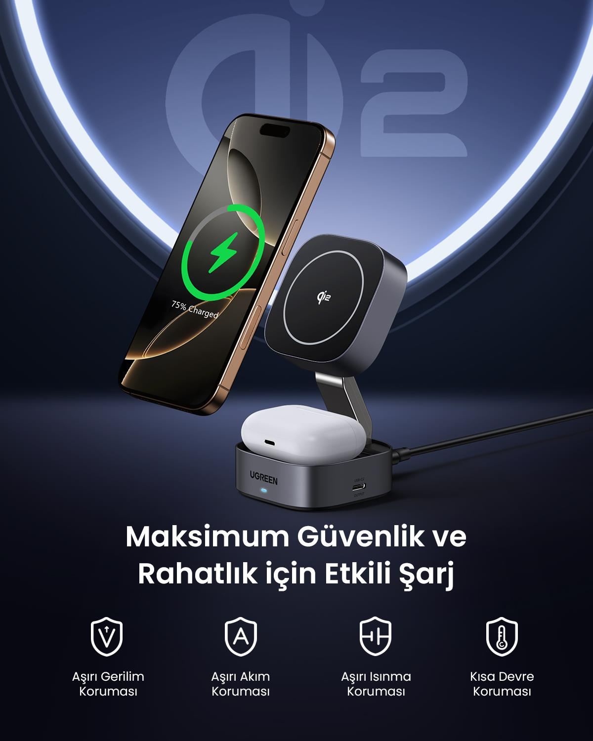 UGREEN 2'si 1 Arada MagSafe Kablosuz Hızlı Şarj Standı, 35316