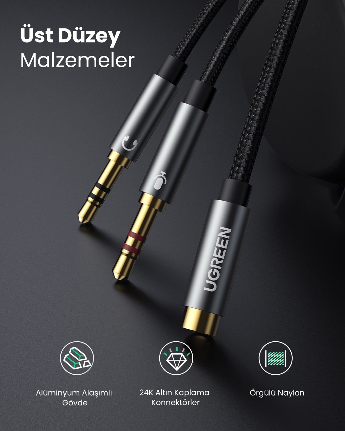 UGREEN 3.5mm Ses-Mikrofon Birleştirici Y Kulaklık Ses Ayırıcı Kablo Mikrofon Stereo Jak Kulaklık Bağlantı Noktası Kablosu, 20899