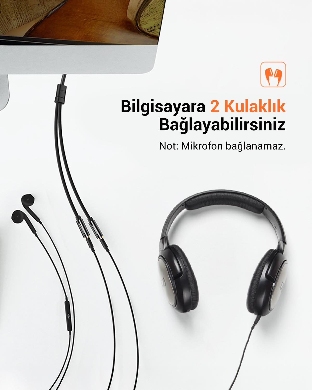 Ugreen 3.5mm 2li Aux Kulaklık Çoklayıcı, Siyah