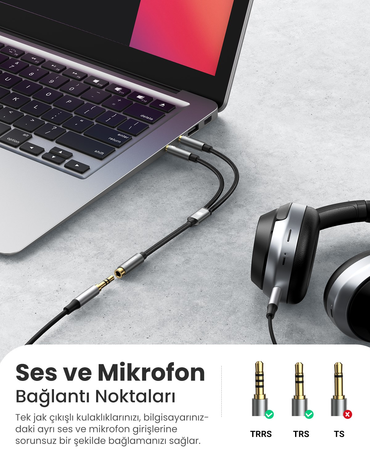 UGREEN 3.5mm Ses-Mikrofon Birleştirici Y Kulaklık Ses Ayırıcı Kablo Mikrofon Stereo Jak Kulaklık Bağlantı Noktası Kablosu, 20899