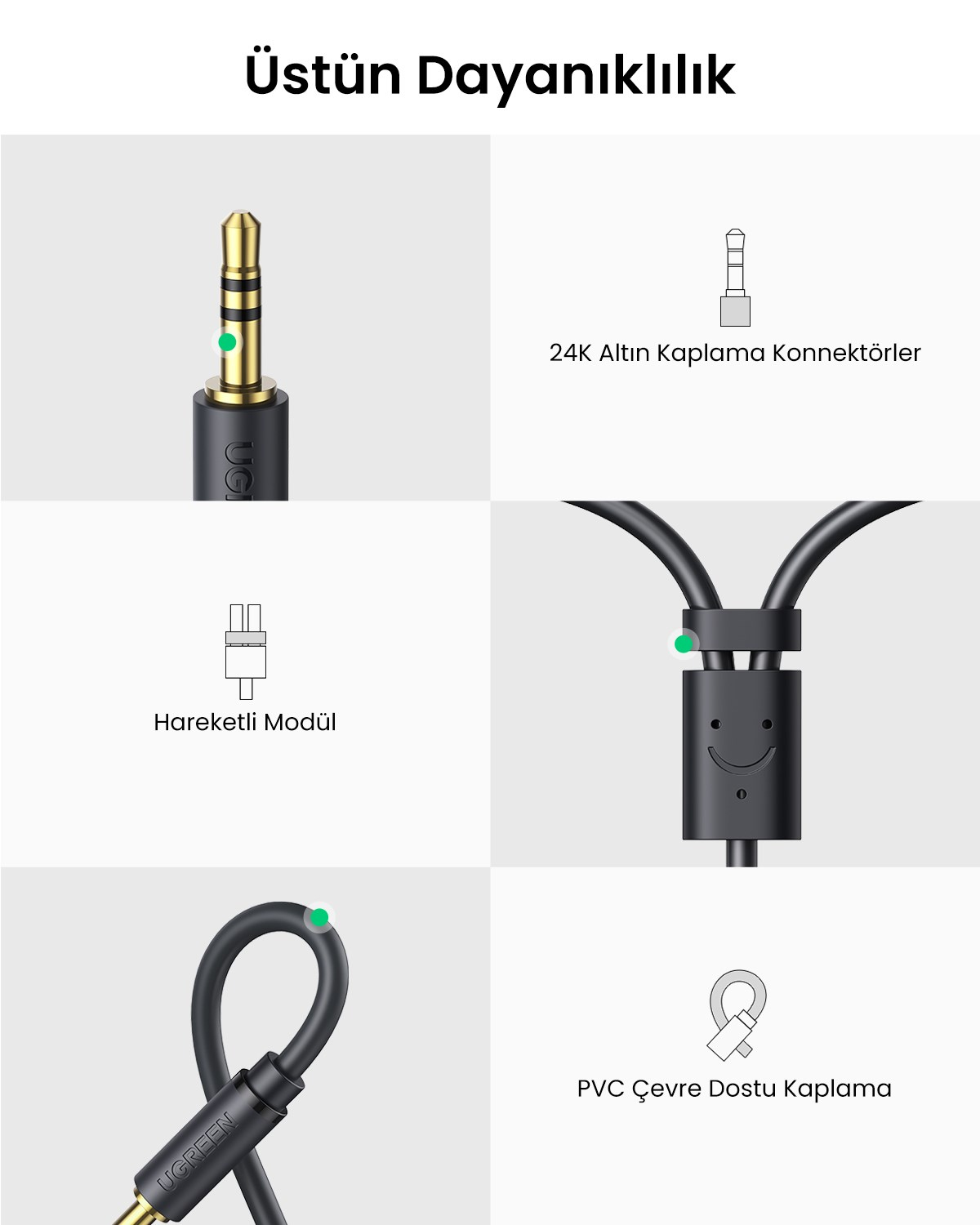 UGREEN 3.5mm Erkek - 2 RCA Dişi Jaklı Stereo Ses Kablosu Y Adaptörü Altın Kaplama Kulaklık Kablosu, 25cm, 10547