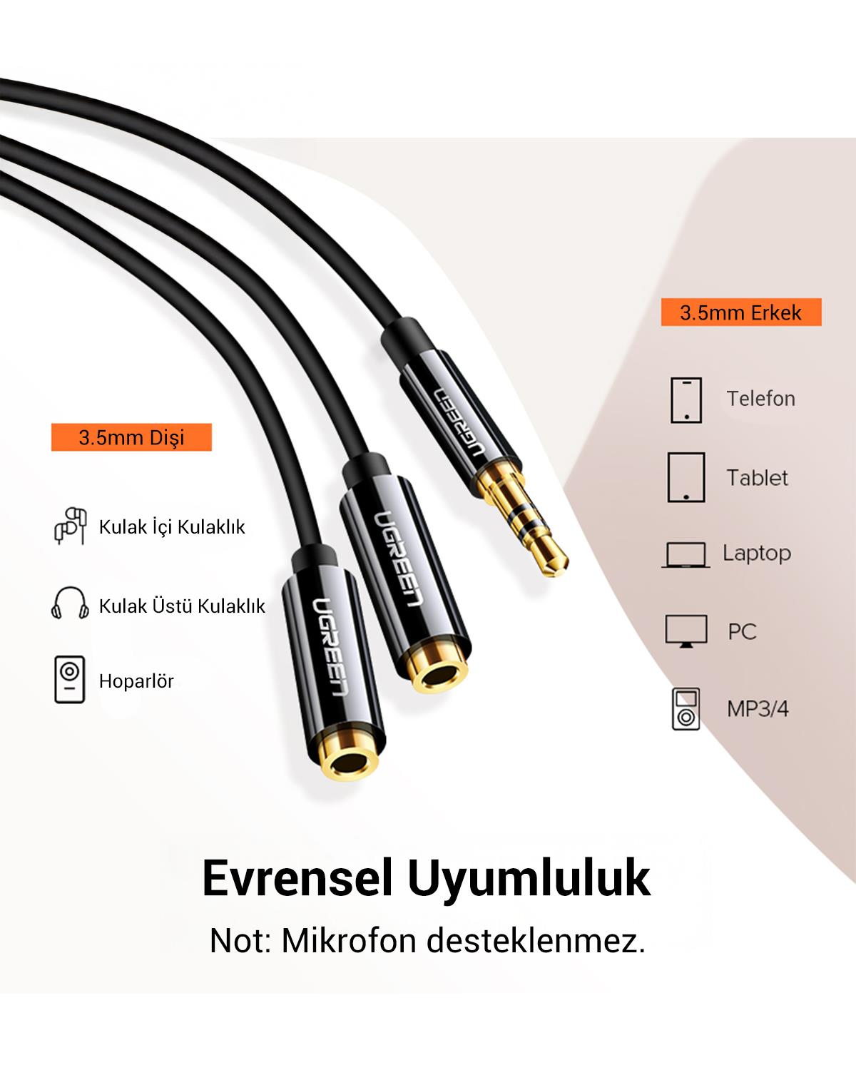 Ugreen 3.5mm 2li Aux Kulaklık Çoklayıcı, Siyah