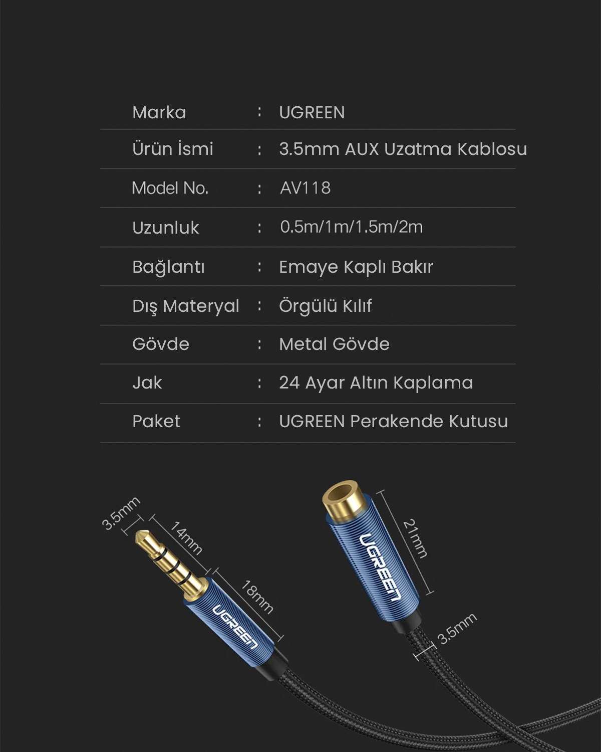 UGREEN 3.5 mm Jack Ses Aux Örgülü Uzatma Kablosu 1 Metre, 40673