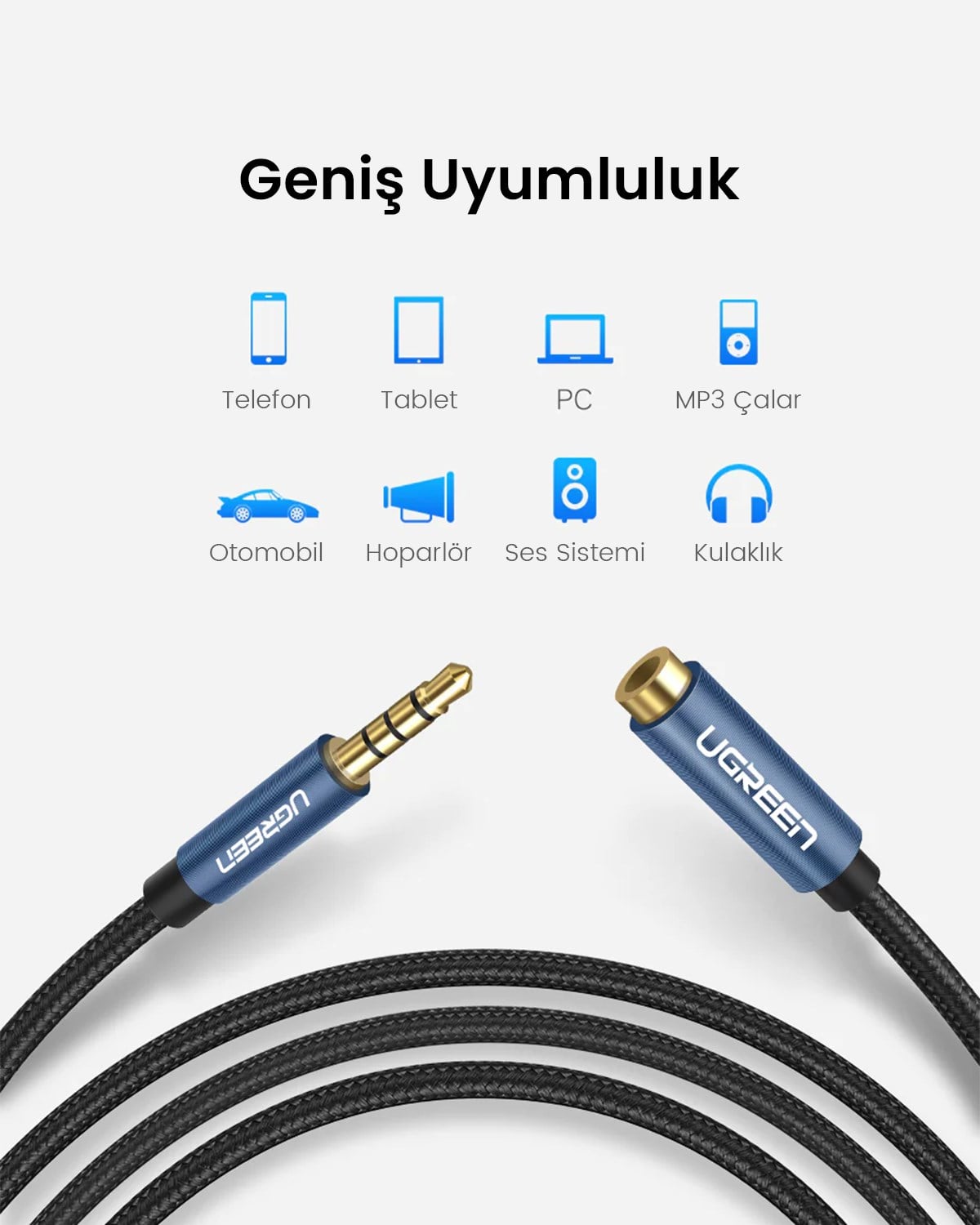 UGREEN 3.5 mm Jack Ses Aux Örgülü Uzatma Kablosu 2 Metre, 40675