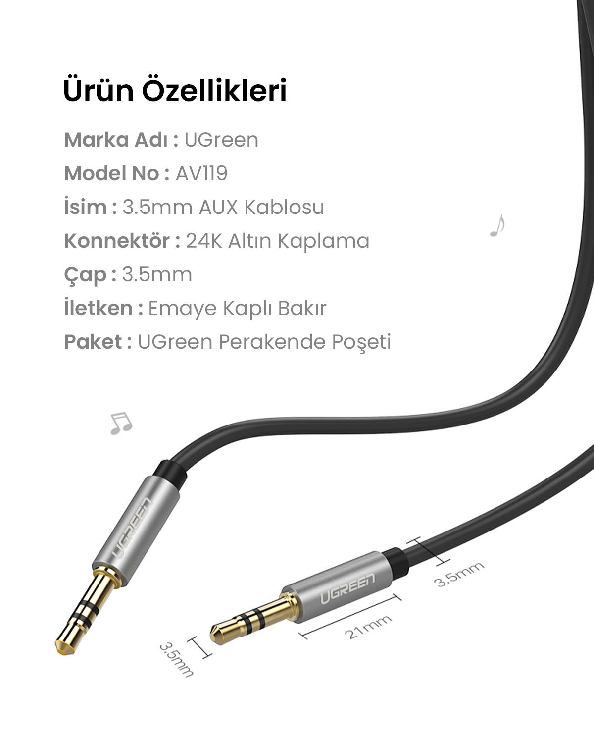 UGREEN 3.5mm Aux Ses Kablosu 50cm Siyah