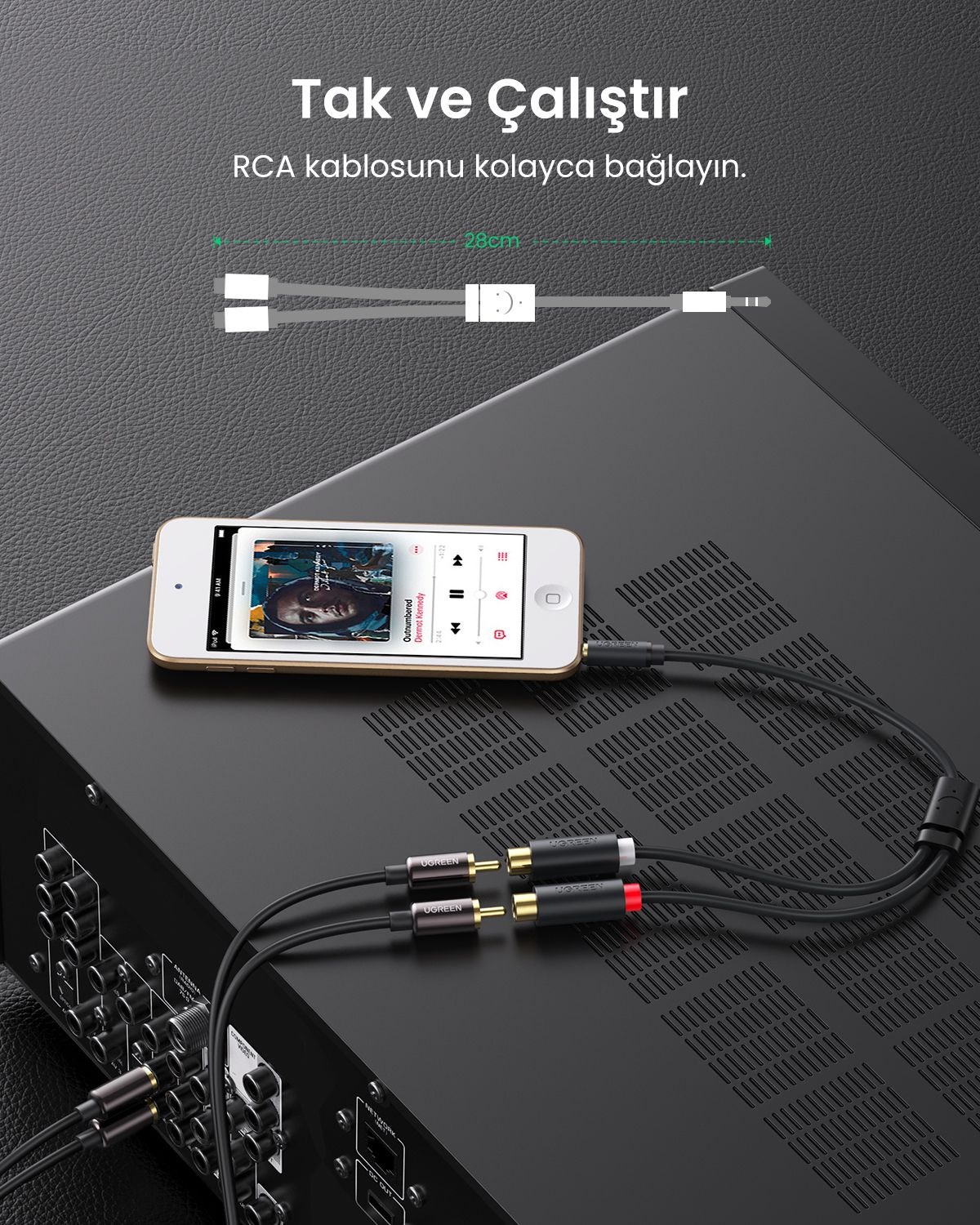 UGREEN 3.5mm Erkek - 2 RCA Dişi Jaklı Stereo Ses Kablosu Y Adaptörü Altın Kaplama Kulaklık Kablosu, 25cm, 10547