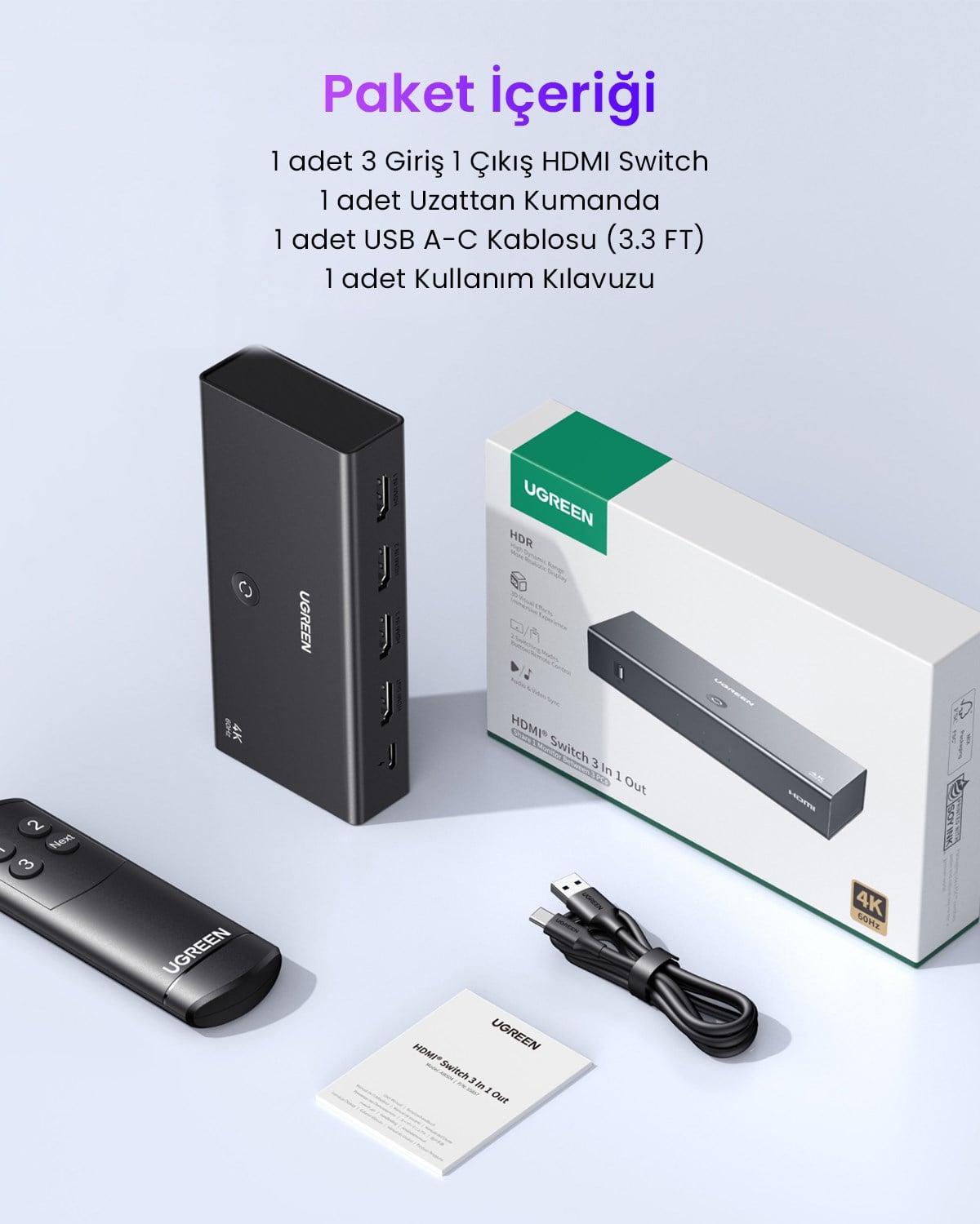UGREEN 3-in-1 4K@60Hz HDMI Uzaktan Kumandalı Switch, 55857