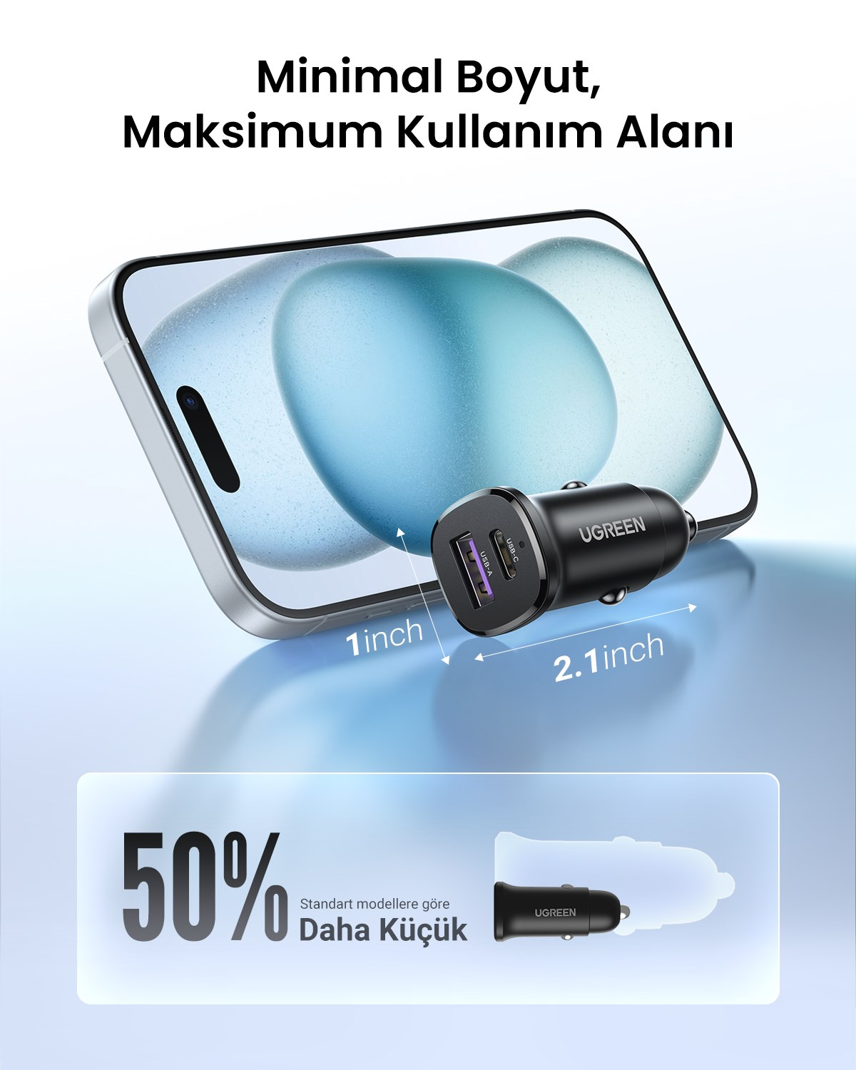 UGREEN 30W 2 Portlu Araç İçi Şarj Cihazı Çakmaklık Adaptörü, 25845