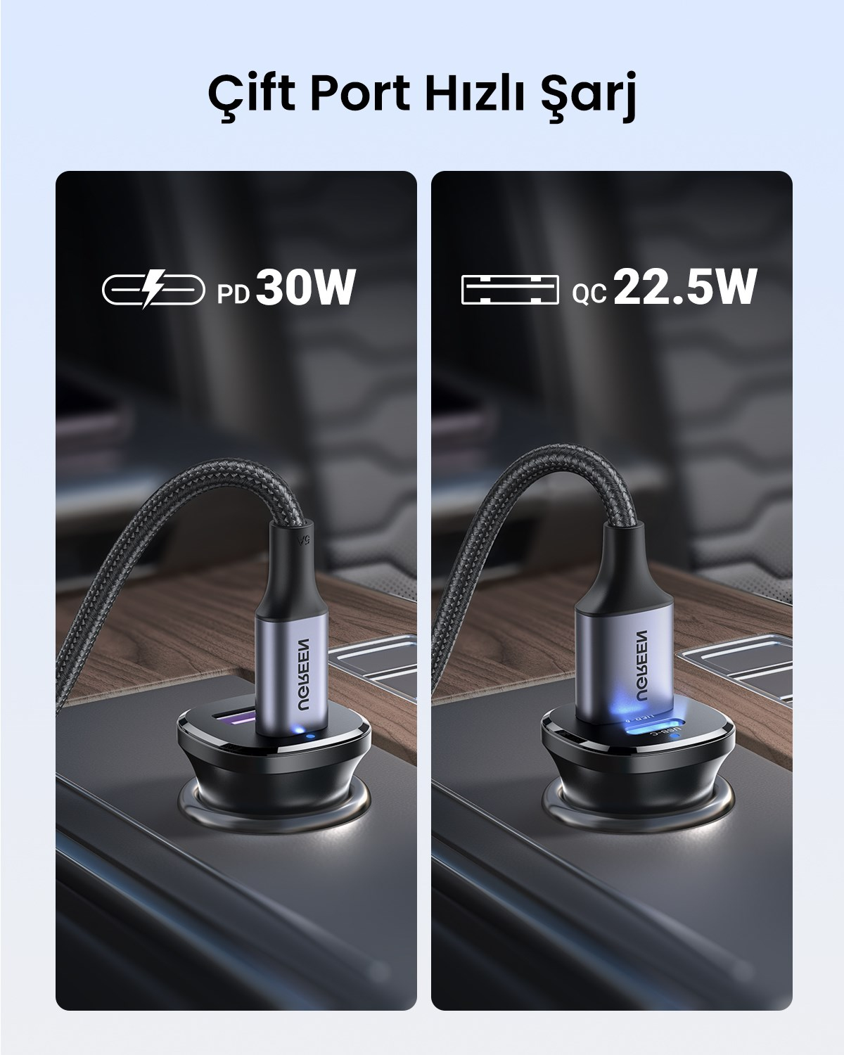 UGREEN 30W 2 Portlu Araç İçi Şarj Cihazı Çakmaklık Adaptörü, 25845