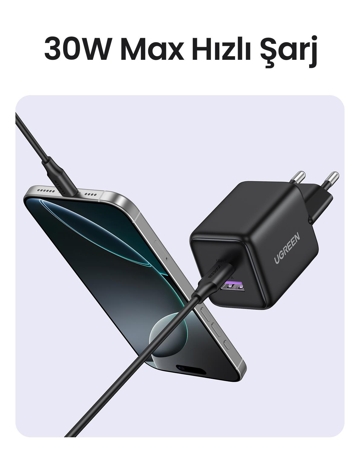 UGREEN 30W GaN Hızlı Şarj Cihazı 2 Portlu, 1xUSB-A