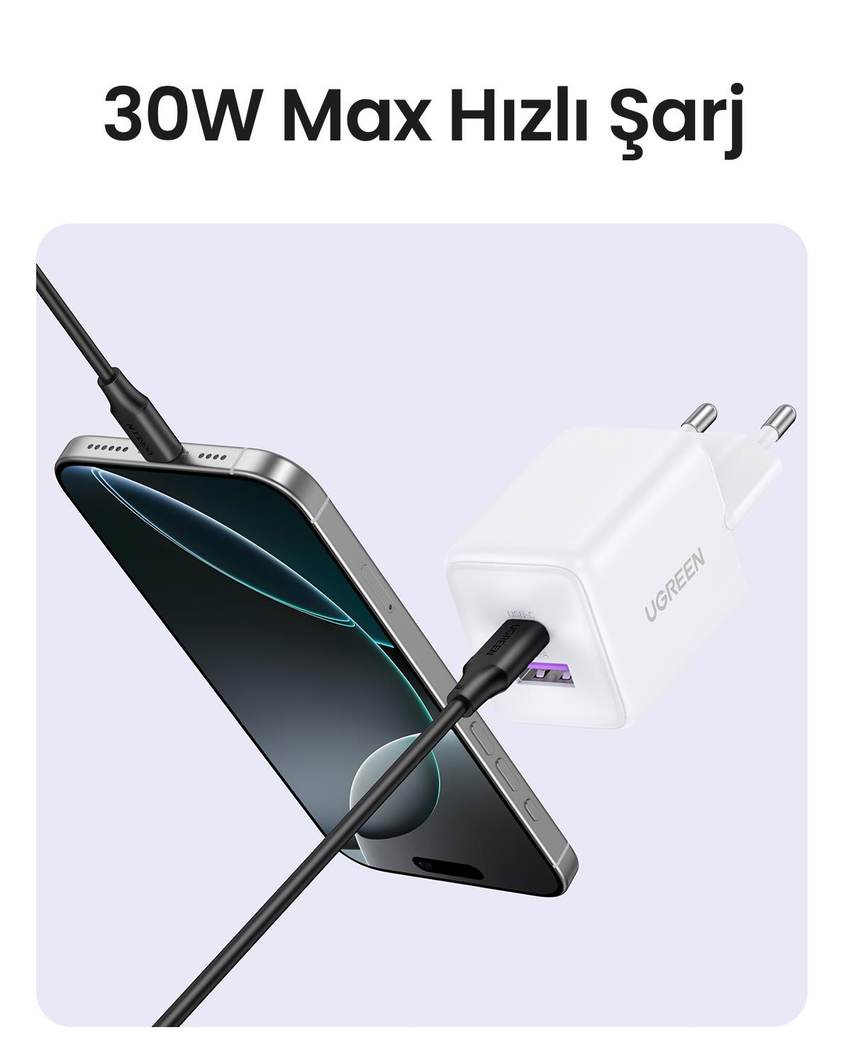 UGREEN 30W GaN Hızlı Şarj Cihazı 2 Portlu, 1xUSB-A