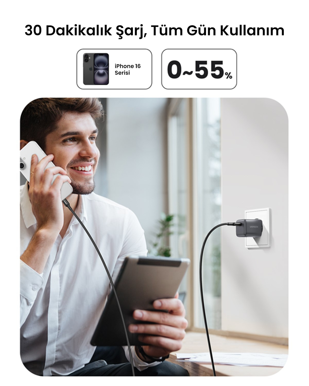 UGREEN 30W GaN USB-C Tek Portlu Hızlı Şarj Cihazı, Beyaz, 65009