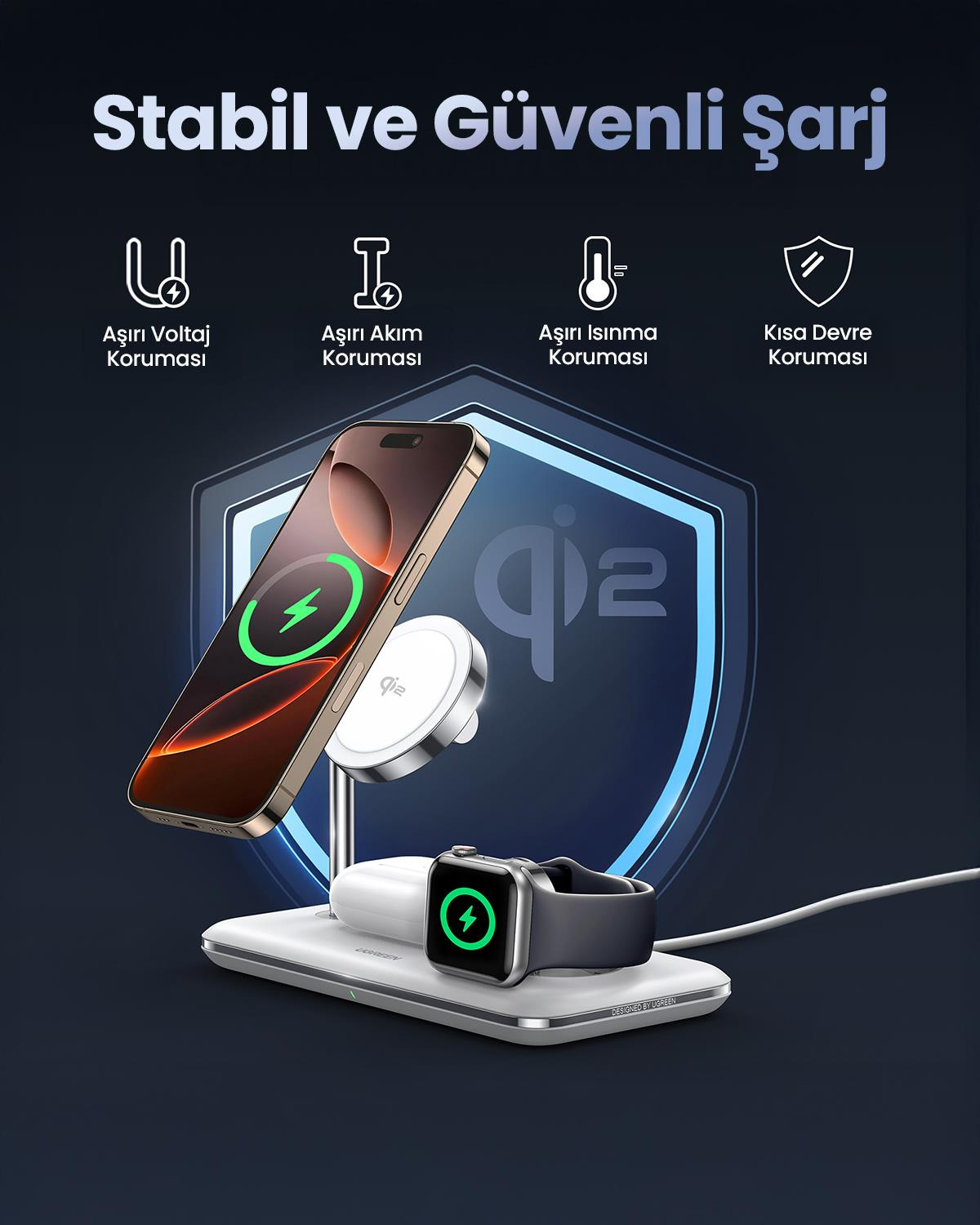 UGREEN 3ü 1 Arada MagSafe 25W Kablosuz Şarj Standı