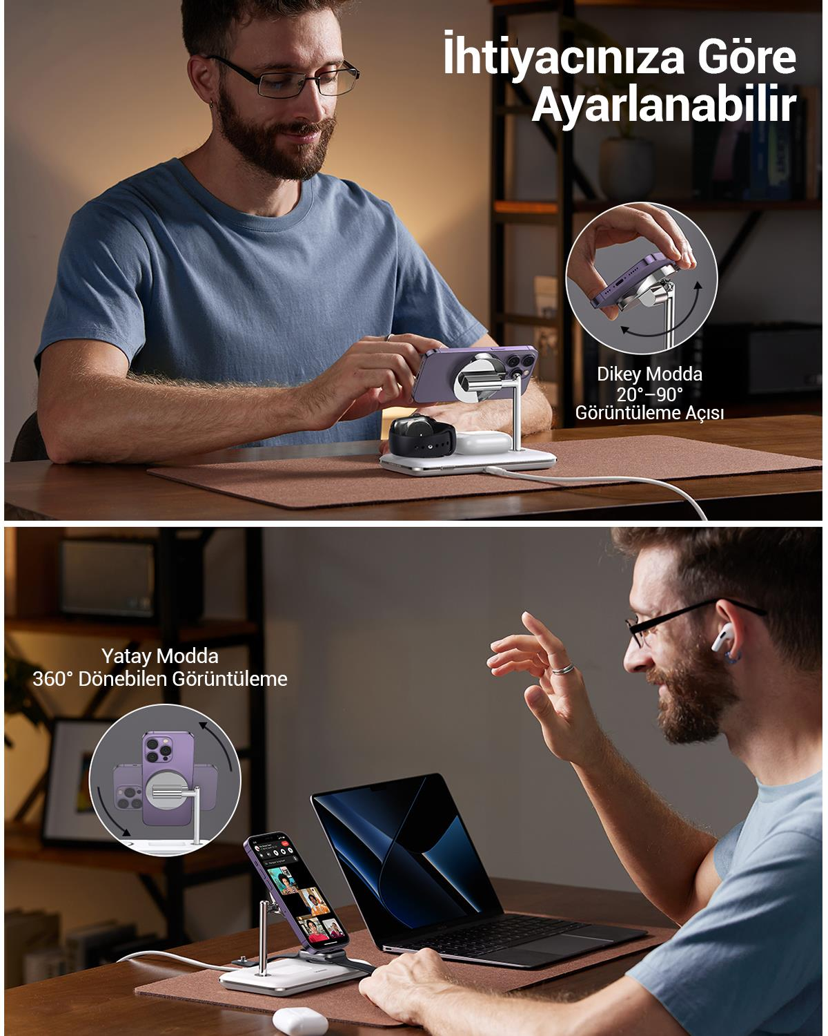 UGREEN 3ü 1 Arada MagSafe 25W Kablosuz Şarj Standı