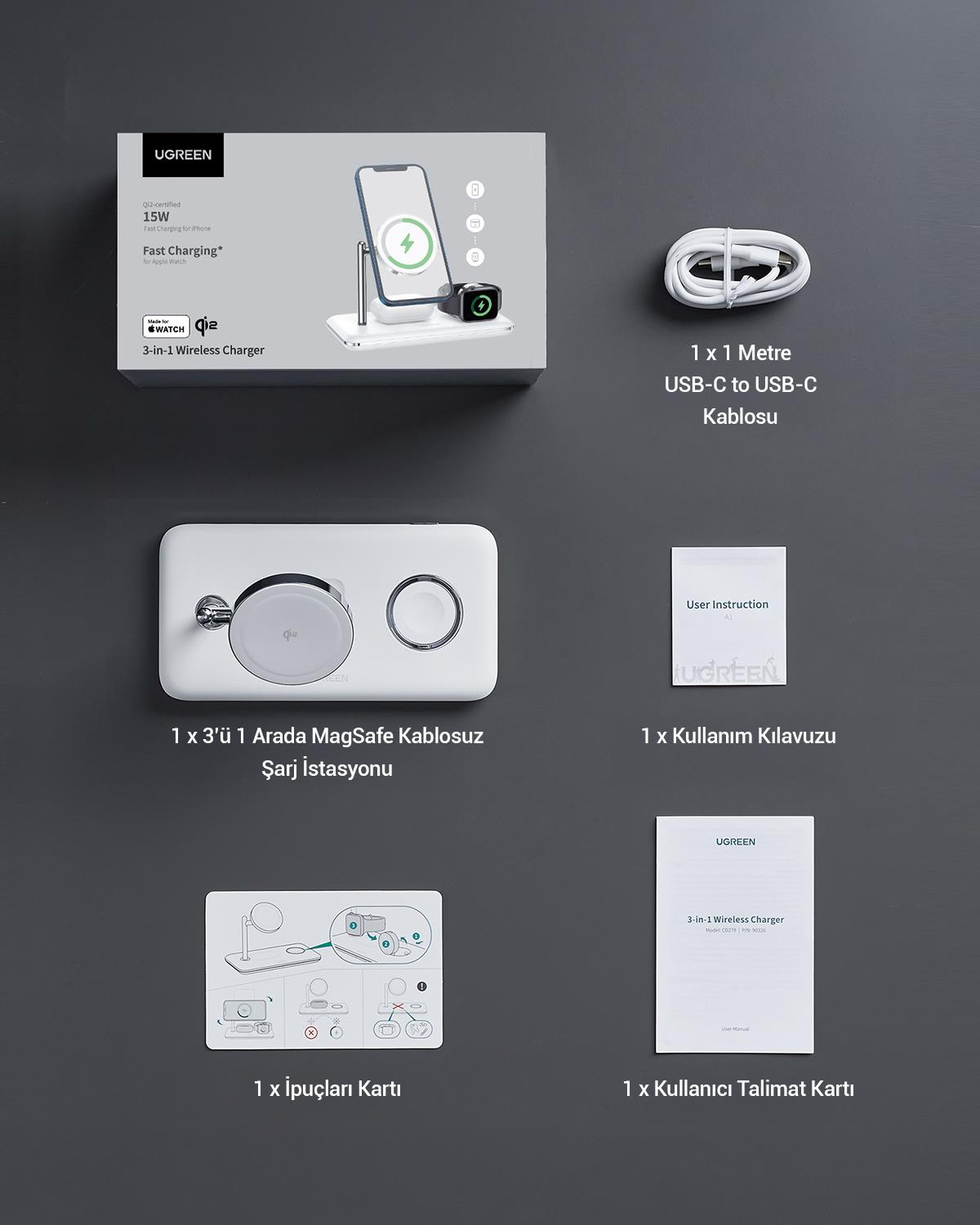 UGREEN 3ü 1 Arada MagSafe 25W Kablosuz Şarj Standı
