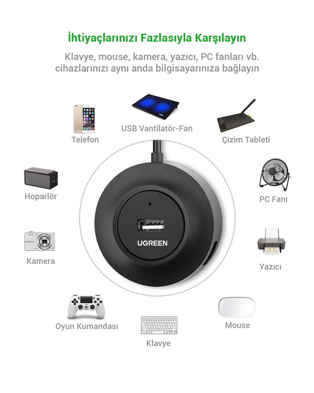 UGREEN 4 Portlu USB 2.0 Hub Çoklayıcı, Siyah