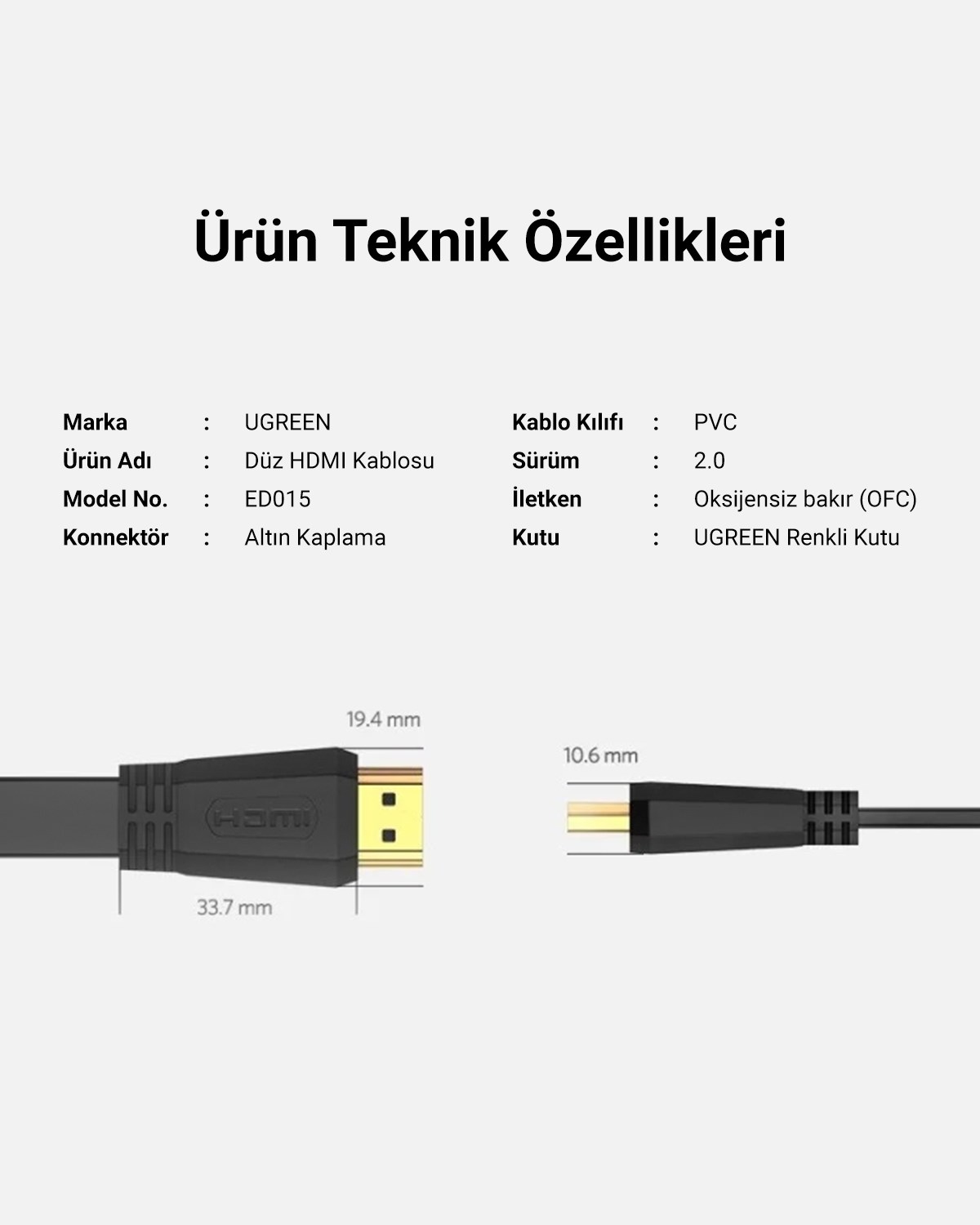 UGREEN 4K Yüksek Hızlı 2.0 HDMI Kablo, 2M, 70159