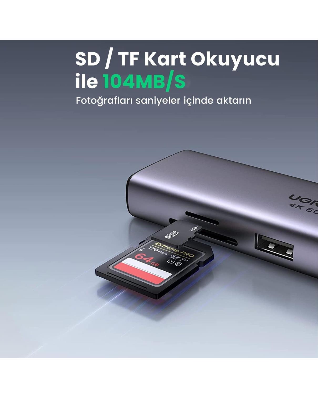 UGREEN 7-in-1 2*USB 3.0, 100W Type-C, 4K/30Hz HDMI, RJ45, SD, TF, Port Çoklayıcı Hub 60515