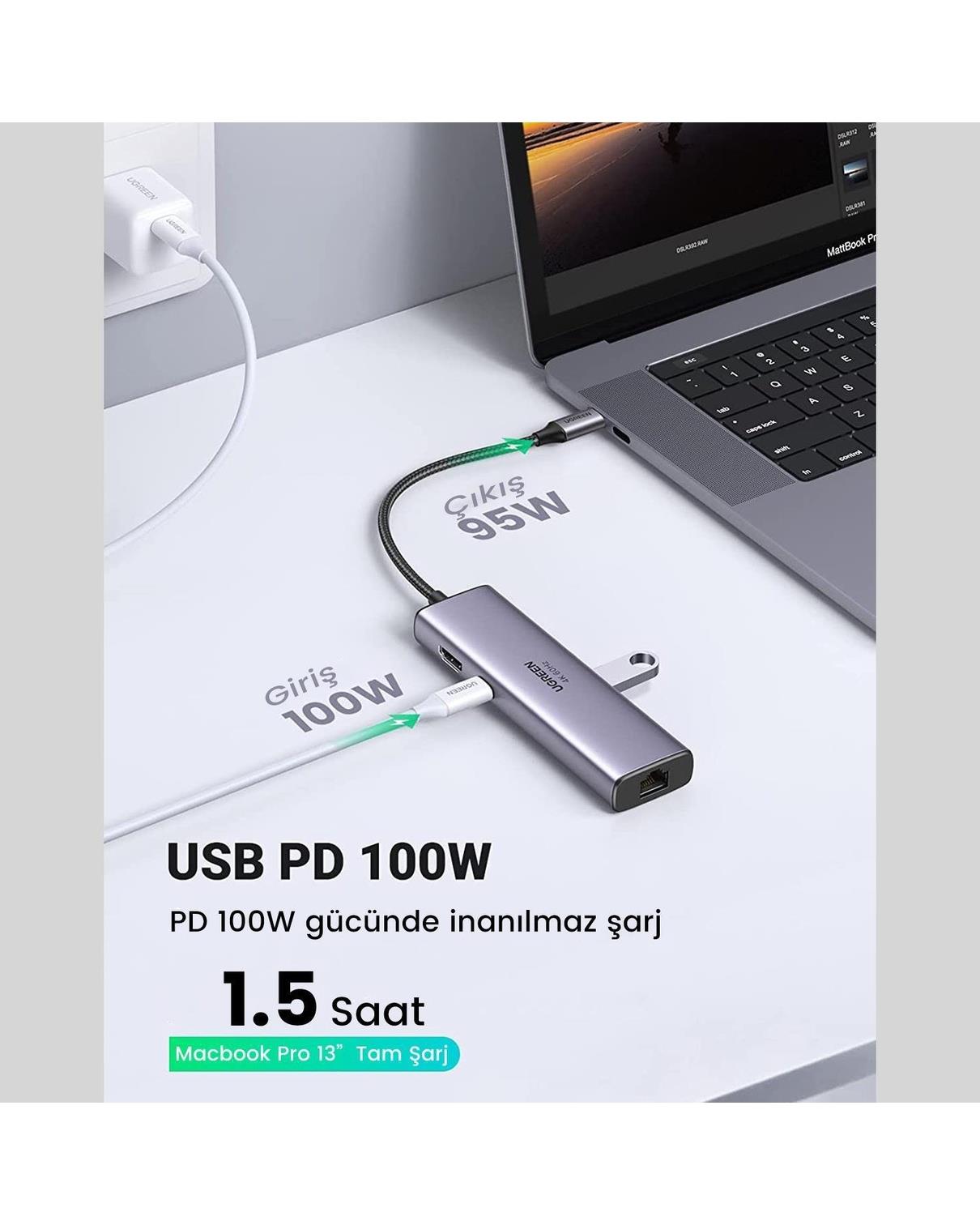 UGREEN 7-in-1 2*USB 3.0, 100W Type-C, 4K/30Hz HDMI, RJ45, SD, TF, Port Çoklayıcı Hub 60515