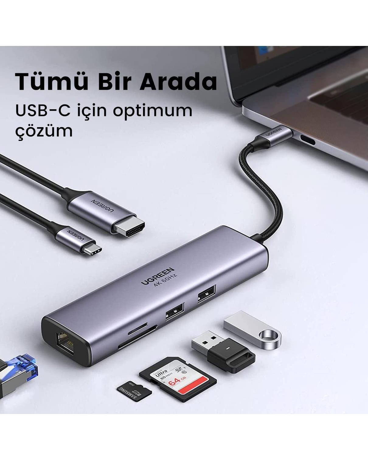 UGREEN 7-in-1 2*USB 3.0, 100W Type-C, 4K/30Hz HDMI, RJ45, SD, TF, Port Çoklayıcı Hub 60515