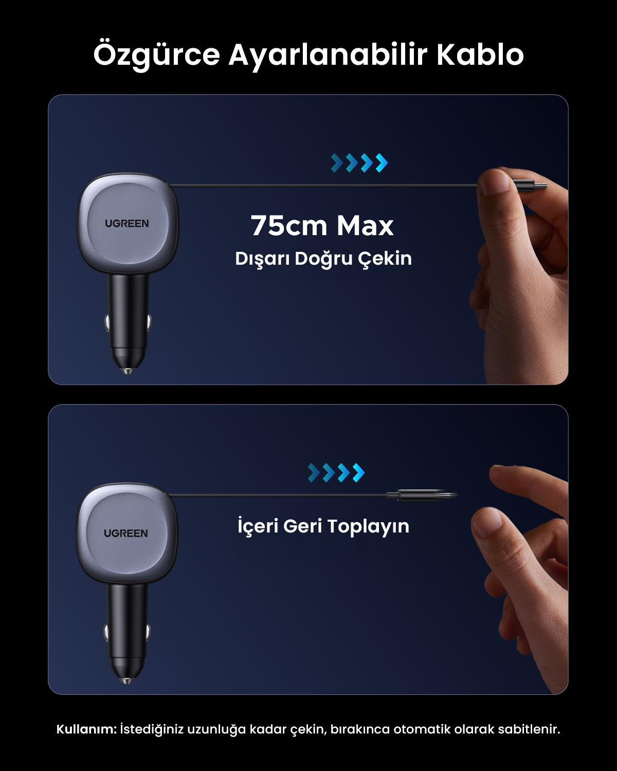 UGREEN 75W 2 Portlu USB-C Kablolu Araç İçi Şarj Ci