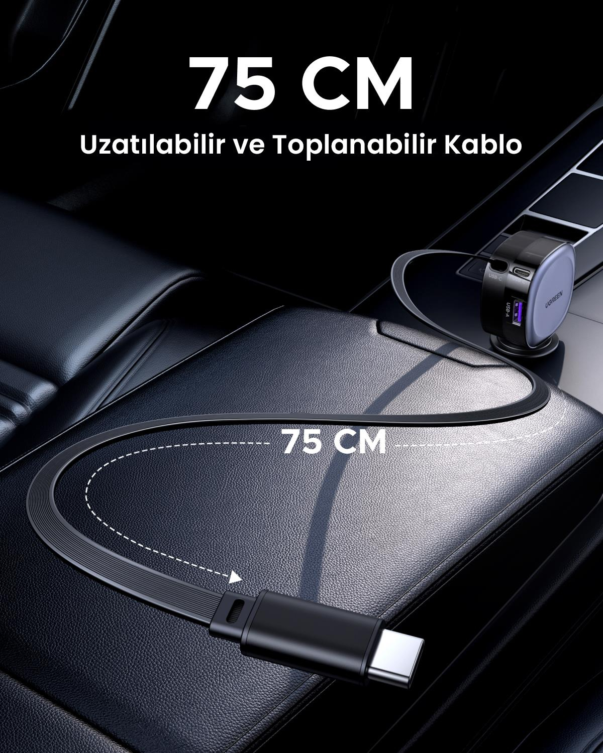 UGREEN 75W 2 Portlu USB-C Kablolu Araç İçi Şarj Ci