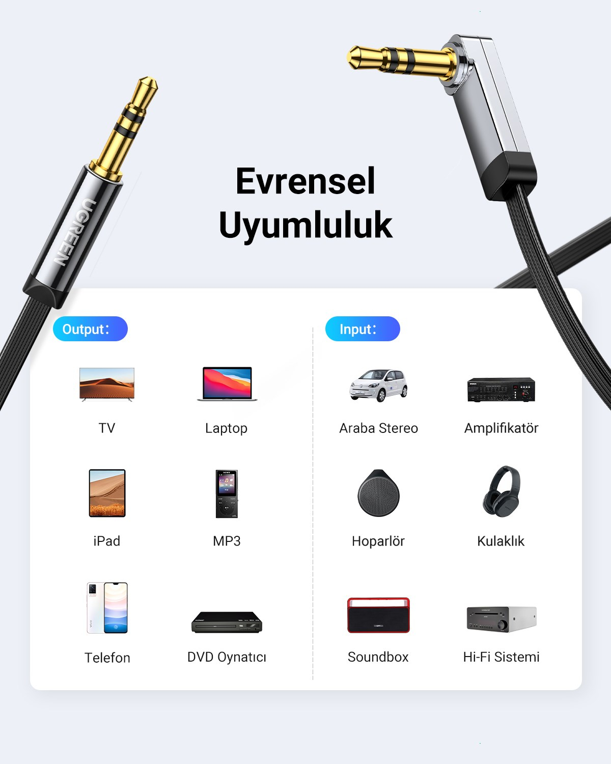 UGREEN 90 derece Dik Açılı 3.5mm Flat Aux Ses Kablosu 1 Metre, 10597