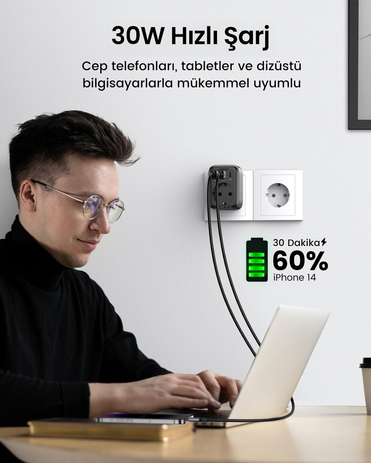 UGREEN Akım Korumalı Duvar Prizi 30W Şarj Cihazı